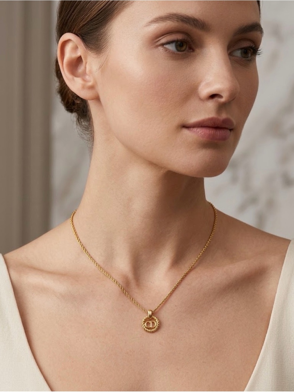 Christian Dior CD logo Necklace Pendant Gold Plated